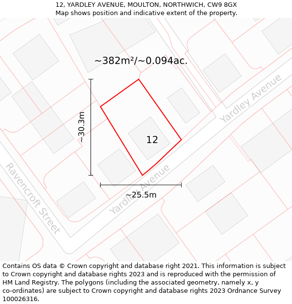 12, YARDLEY AVENUE, MOULTON, NORTHWICH, CW9 8GX: Plot and title map