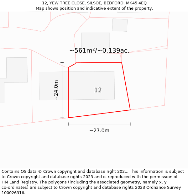 12, YEW TREE CLOSE, SILSOE, BEDFORD, MK45 4EQ: Plot and title map