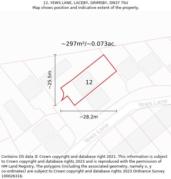 12, YEWS LANE, LACEBY, GRIMSBY, DN37 7SU: Plot and title map