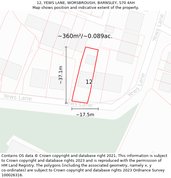 12, YEWS LANE, WORSBROUGH, BARNSLEY, S70 4AH: Plot and title map