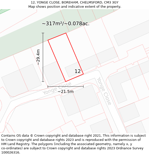 12, YONGE CLOSE, BOREHAM, CHELMSFORD, CM3 3GY: Plot and title map