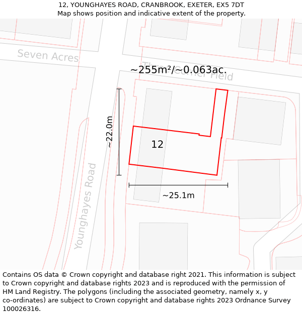 12, YOUNGHAYES ROAD, CRANBROOK, EXETER, EX5 7DT: Plot and title map