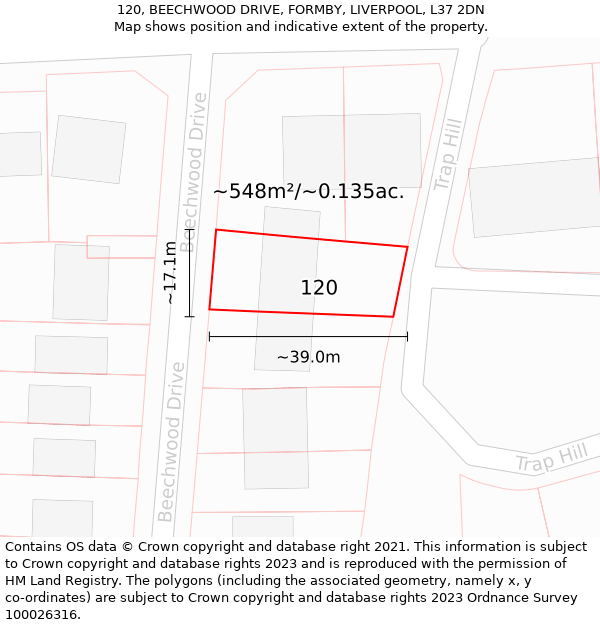 120, BEECHWOOD DRIVE, FORMBY, LIVERPOOL, L37 2DN: Plot and title map