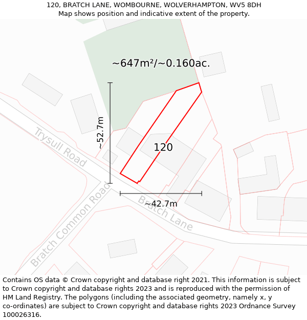 120, BRATCH LANE, WOMBOURNE, WOLVERHAMPTON, WV5 8DH: Plot and title map