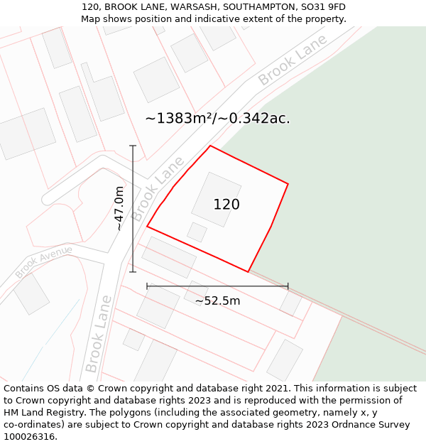 120, BROOK LANE, WARSASH, SOUTHAMPTON, SO31 9FD: Plot and title map