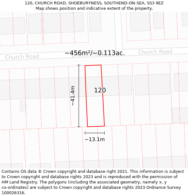 120, CHURCH ROAD, SHOEBURYNESS, SOUTHEND-ON-SEA, SS3 9EZ: Plot and title map