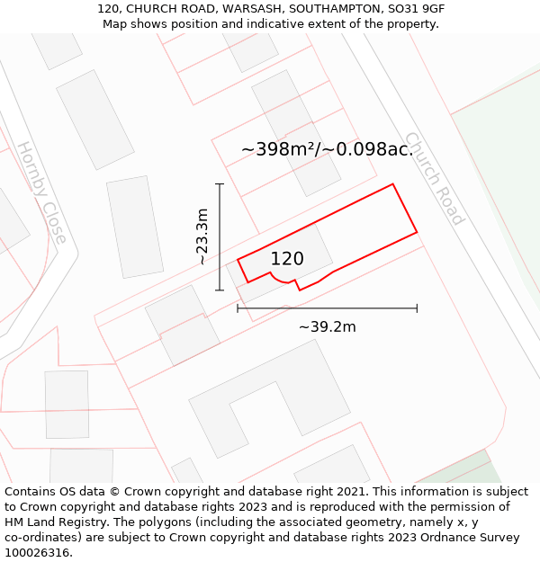 120, CHURCH ROAD, WARSASH, SOUTHAMPTON, SO31 9GF: Plot and title map