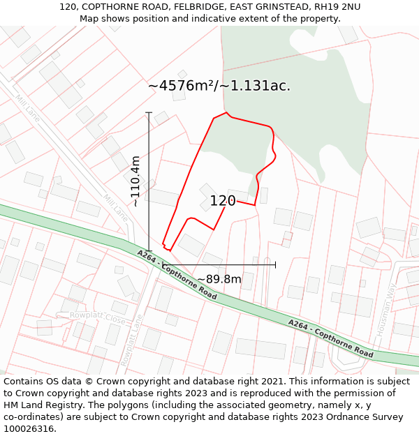 120, COPTHORNE ROAD, FELBRIDGE, EAST GRINSTEAD, RH19 2NU: Plot and title map