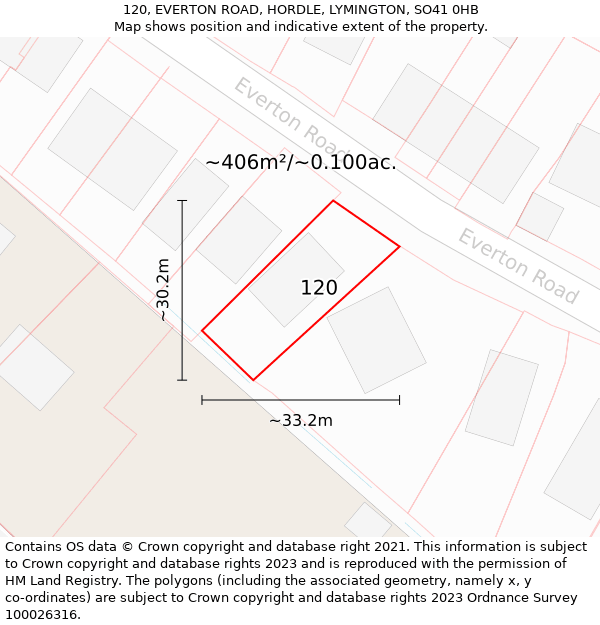 120, EVERTON ROAD, HORDLE, LYMINGTON, SO41 0HB: Plot and title map