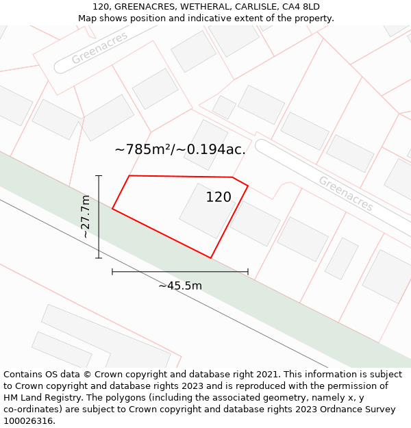 120, GREENACRES, WETHERAL, CARLISLE, CA4 8LD: Plot and title map