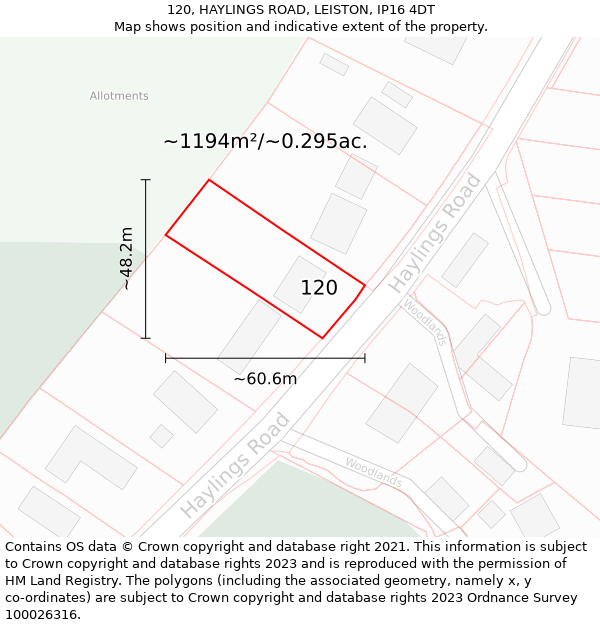 120, HAYLINGS ROAD, LEISTON, IP16 4DT: Plot and title map