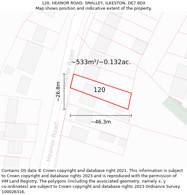 120, HEANOR ROAD, SMALLEY, ILKESTON, DE7 6DX: Plot and title map