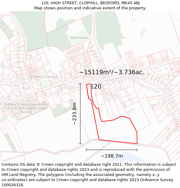 120, HIGH STREET, CLOPHILL, BEDFORD, MK45 4BJ: Plot and title map