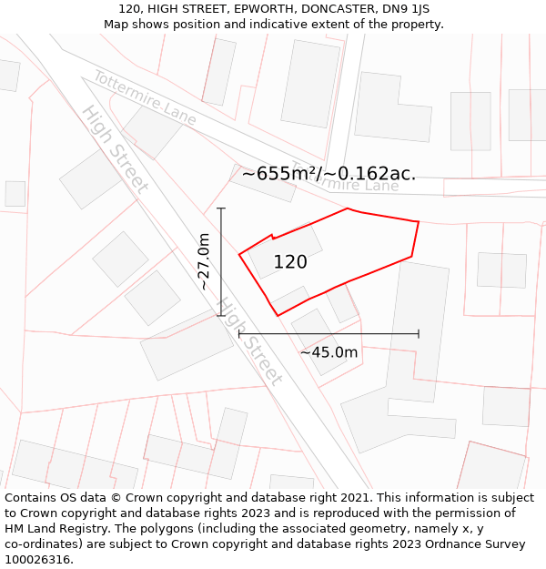 120, HIGH STREET, EPWORTH, DONCASTER, DN9 1JS: Plot and title map