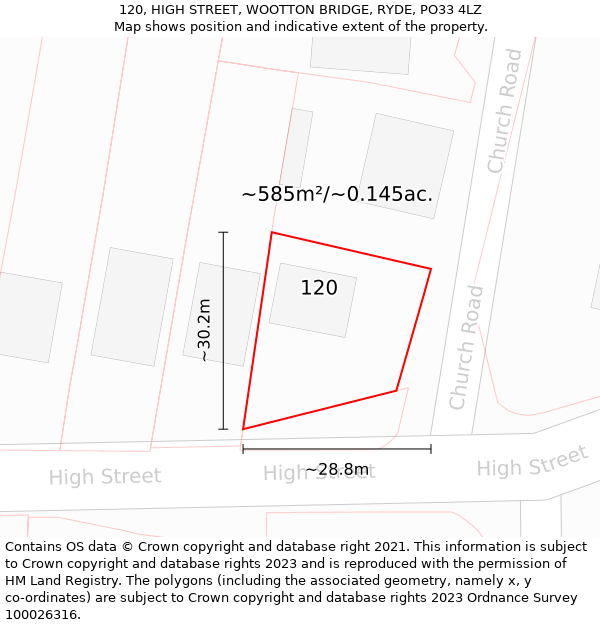 120, HIGH STREET, WOOTTON BRIDGE, RYDE, PO33 4LZ: Plot and title map