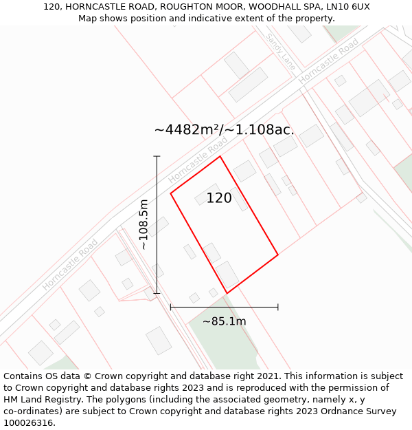 120, HORNCASTLE ROAD, ROUGHTON MOOR, WOODHALL SPA, LN10 6UX: Plot and title map