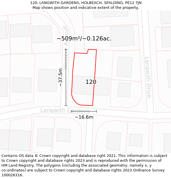 120, LANGWITH GARDENS, HOLBEACH, SPALDING, PE12 7JN: Plot and title map