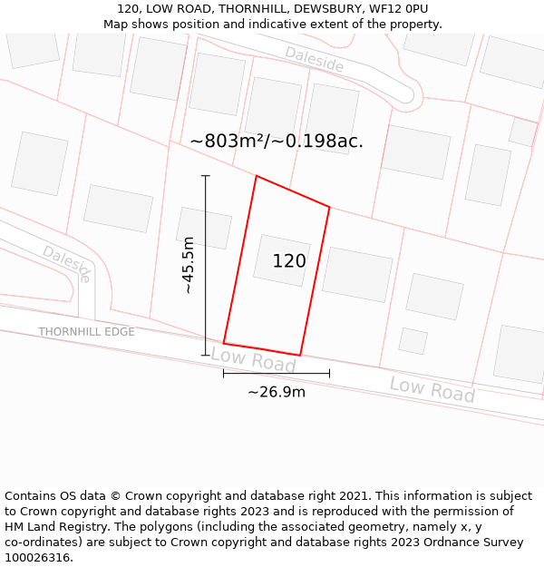 120, LOW ROAD, THORNHILL, DEWSBURY, WF12 0PU: Plot and title map