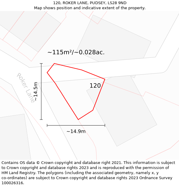 120, ROKER LANE, PUDSEY, LS28 9ND: Plot and title map