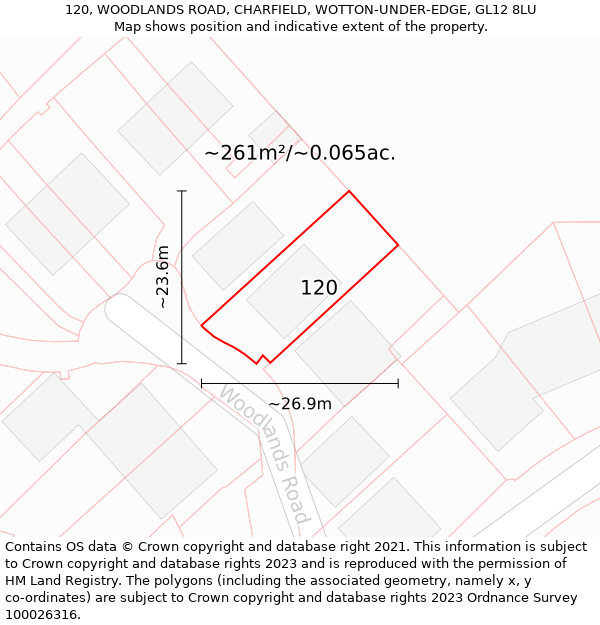 120, WOODLANDS ROAD, CHARFIELD, WOTTON-UNDER-EDGE, GL12 8LU: Plot and title map