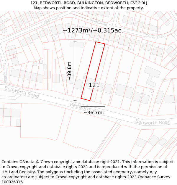 121, BEDWORTH ROAD, BULKINGTON, BEDWORTH, CV12 9LJ: Plot and title map