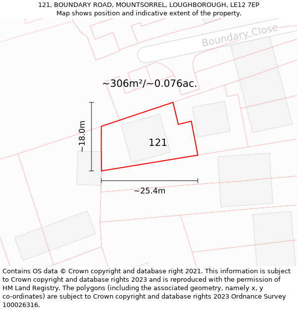 121, BOUNDARY ROAD, MOUNTSORREL, LOUGHBOROUGH, LE12 7EP: Plot and title map