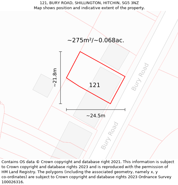 121, BURY ROAD, SHILLINGTON, HITCHIN, SG5 3NZ: Plot and title map