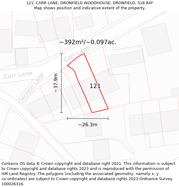 121, CARR LANE, DRONFIELD WOODHOUSE, DRONFIELD, S18 8XF: Plot and title map