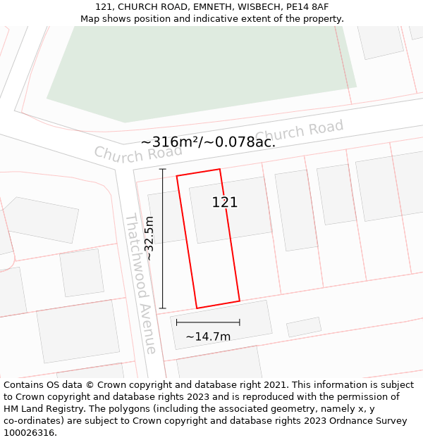 121, CHURCH ROAD, EMNETH, WISBECH, PE14 8AF: Plot and title map