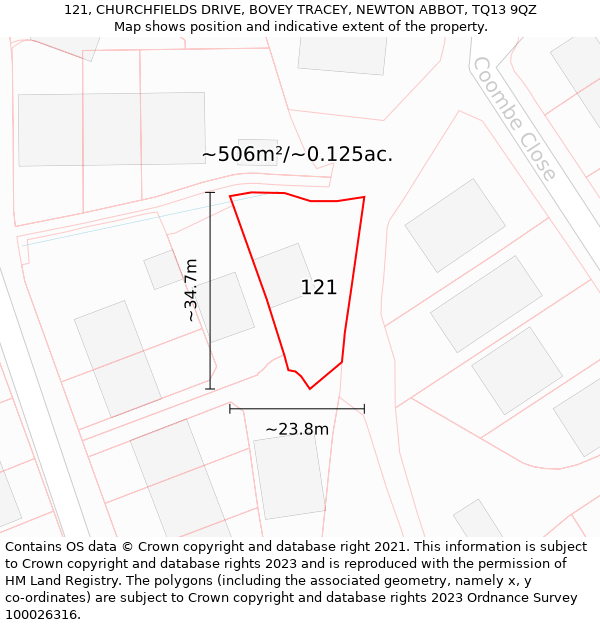 121, CHURCHFIELDS DRIVE, BOVEY TRACEY, NEWTON ABBOT, TQ13 9QZ: Plot and title map