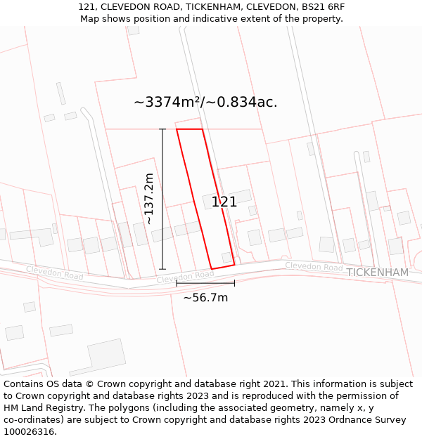 121, CLEVEDON ROAD, TICKENHAM, CLEVEDON, BS21 6RF: Plot and title map