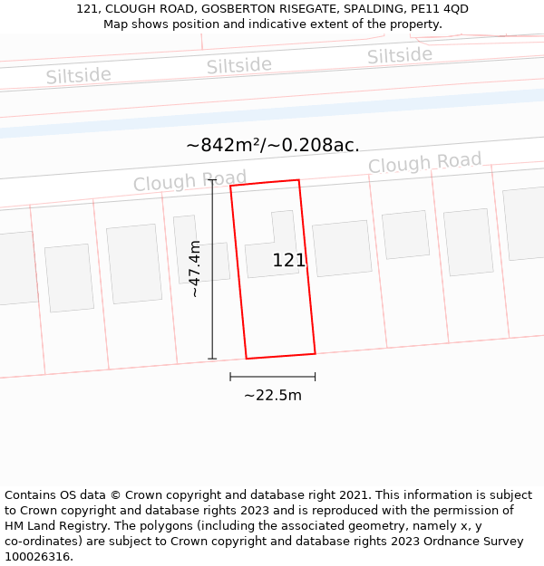 121, CLOUGH ROAD, GOSBERTON RISEGATE, SPALDING, PE11 4QD: Plot and title map