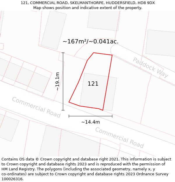 121, COMMERCIAL ROAD, SKELMANTHORPE, HUDDERSFIELD, HD8 9DX: Plot and title map