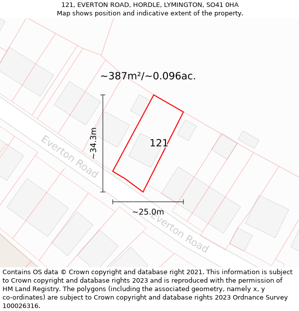 121, EVERTON ROAD, HORDLE, LYMINGTON, SO41 0HA: Plot and title map