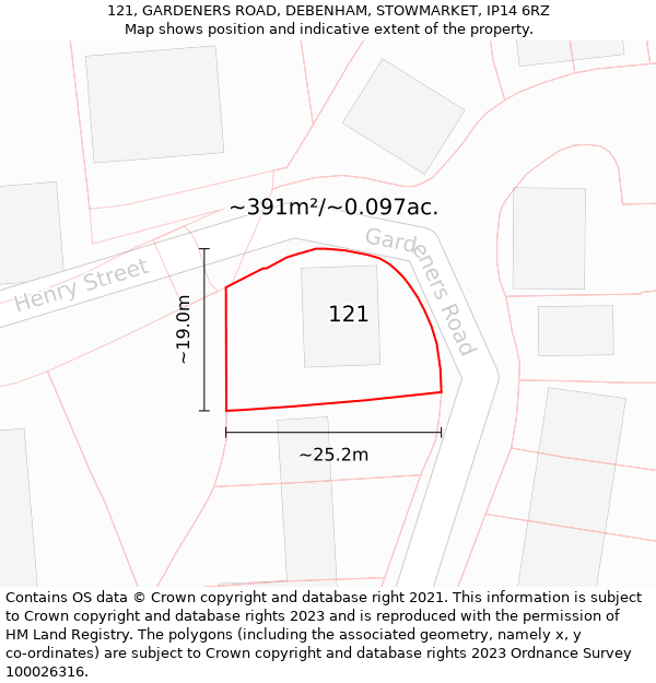 121, GARDENERS ROAD, DEBENHAM, STOWMARKET, IP14 6RZ: Plot and title map