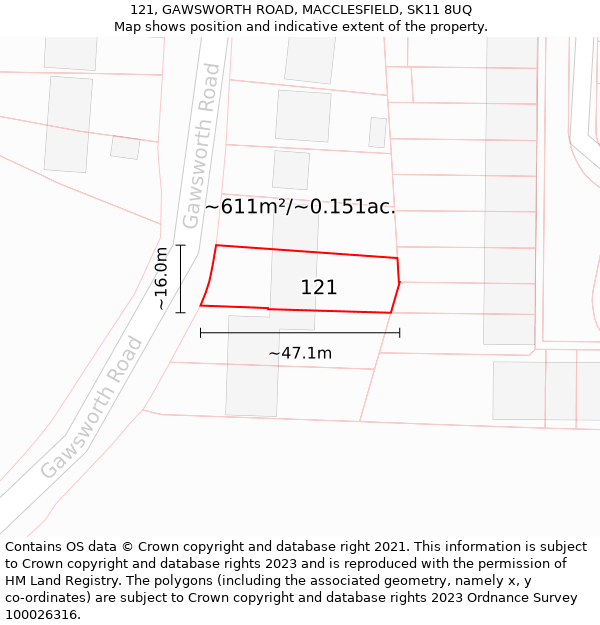 121, GAWSWORTH ROAD, MACCLESFIELD, SK11 8UQ: Plot and title map