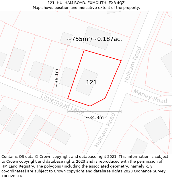 121, HULHAM ROAD, EXMOUTH, EX8 4QZ: Plot and title map