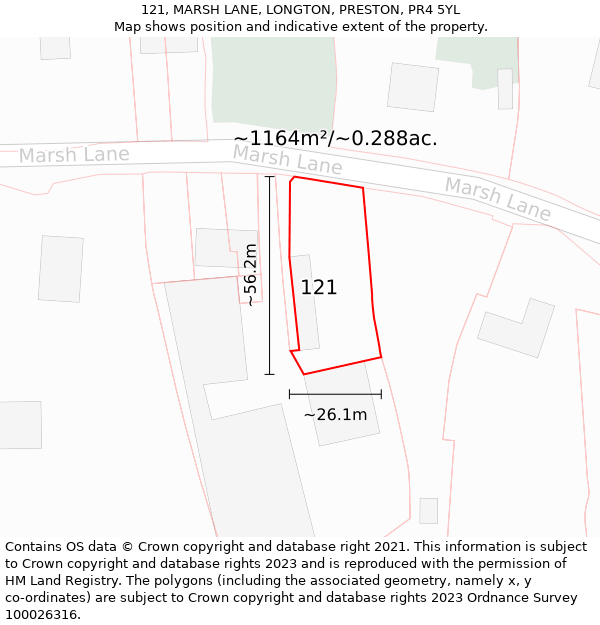 121, MARSH LANE, LONGTON, PRESTON, PR4 5YL: Plot and title map