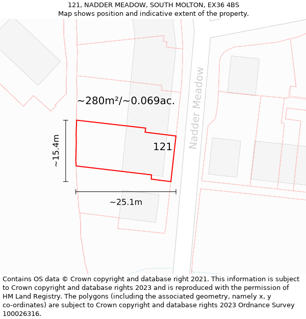 121, NADDER MEADOW, SOUTH MOLTON, EX36 4BS: Plot and title map