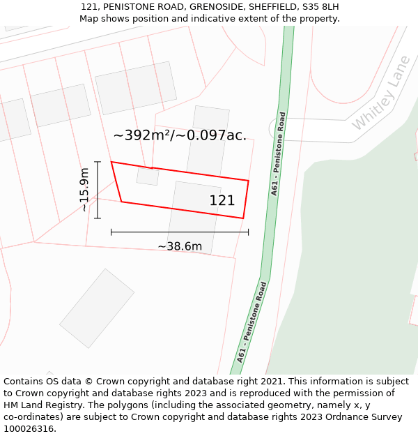 121, PENISTONE ROAD, GRENOSIDE, SHEFFIELD, S35 8LH: Plot and title map