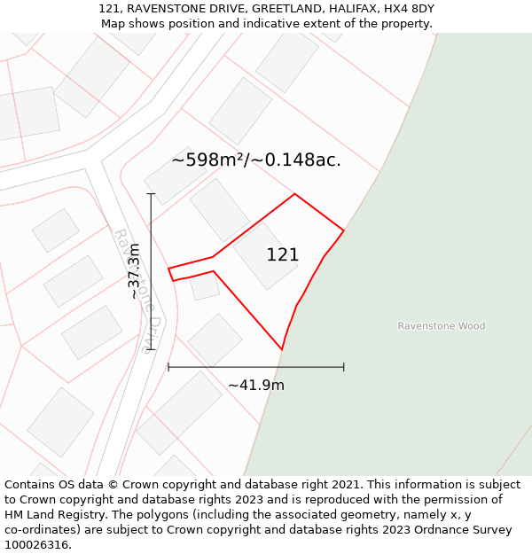 121, RAVENSTONE DRIVE, GREETLAND, HALIFAX, HX4 8DY: Plot and title map