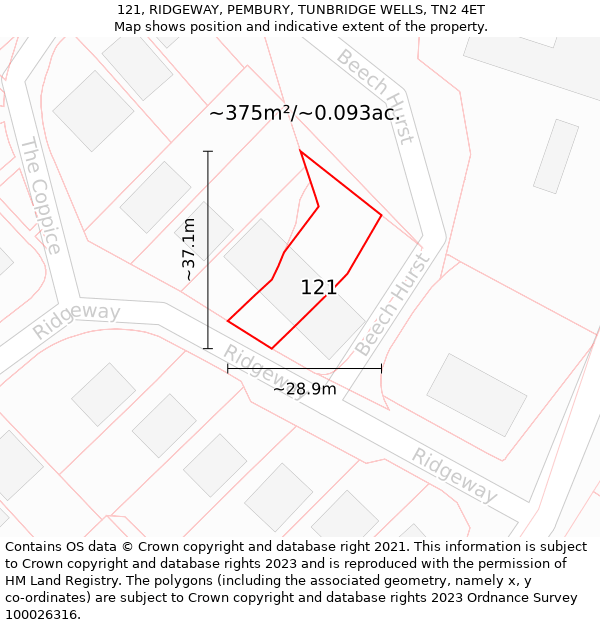 121, RIDGEWAY, PEMBURY, TUNBRIDGE WELLS, TN2 4ET: Plot and title map