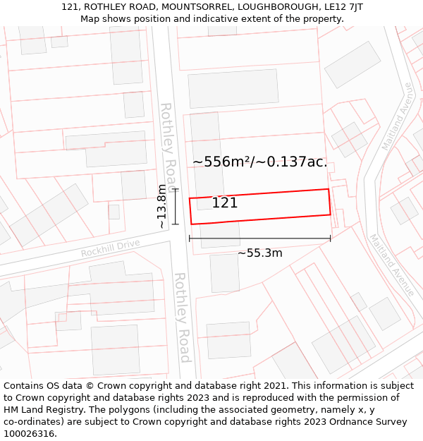 121, ROTHLEY ROAD, MOUNTSORREL, LOUGHBOROUGH, LE12 7JT: Plot and title map