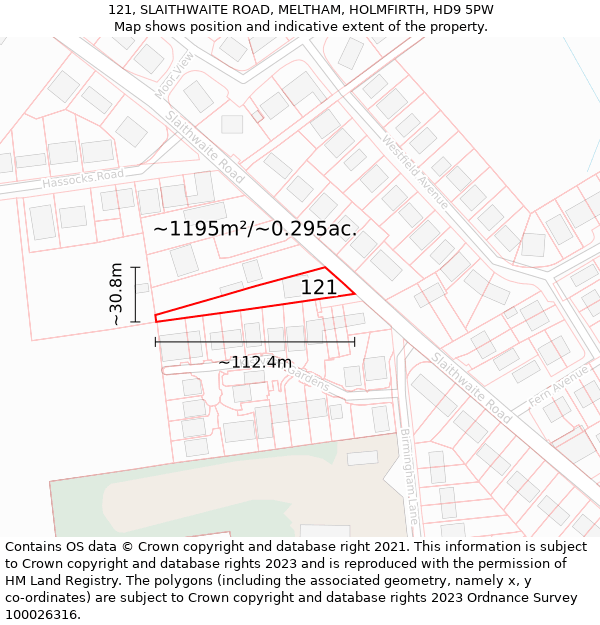 121, SLAITHWAITE ROAD, MELTHAM, HOLMFIRTH, HD9 5PW: Plot and title map