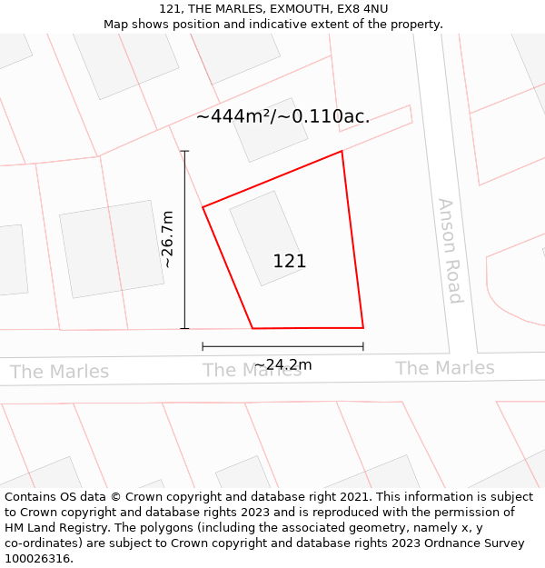 121, THE MARLES, EXMOUTH, EX8 4NU: Plot and title map