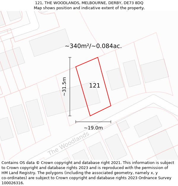 121, THE WOODLANDS, MELBOURNE, DERBY, DE73 8DQ: Plot and title map