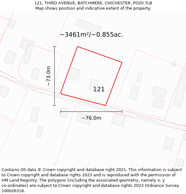 121, THIRD AVENUE, BATCHMERE, CHICHESTER, PO20 7LB: Plot and title map