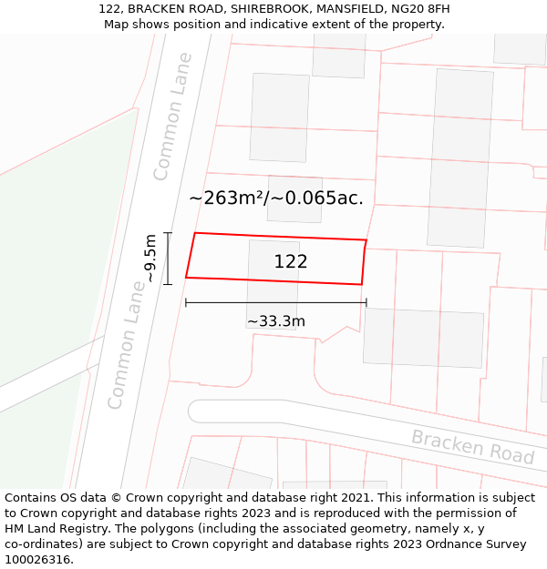 122, BRACKEN ROAD, SHIREBROOK, MANSFIELD, NG20 8FH: Plot and title map