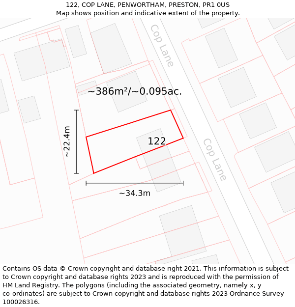 122, COP LANE, PENWORTHAM, PRESTON, PR1 0US: Plot and title map