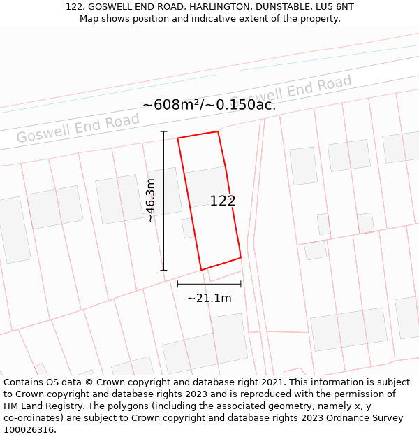 122, GOSWELL END ROAD, HARLINGTON, DUNSTABLE, LU5 6NT: Plot and title map